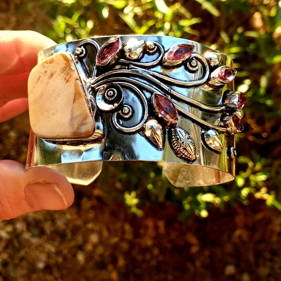 New Mookaite Jasper and Rubellite 925 Silver Cuff Bracelet. - Picture 5 of 16